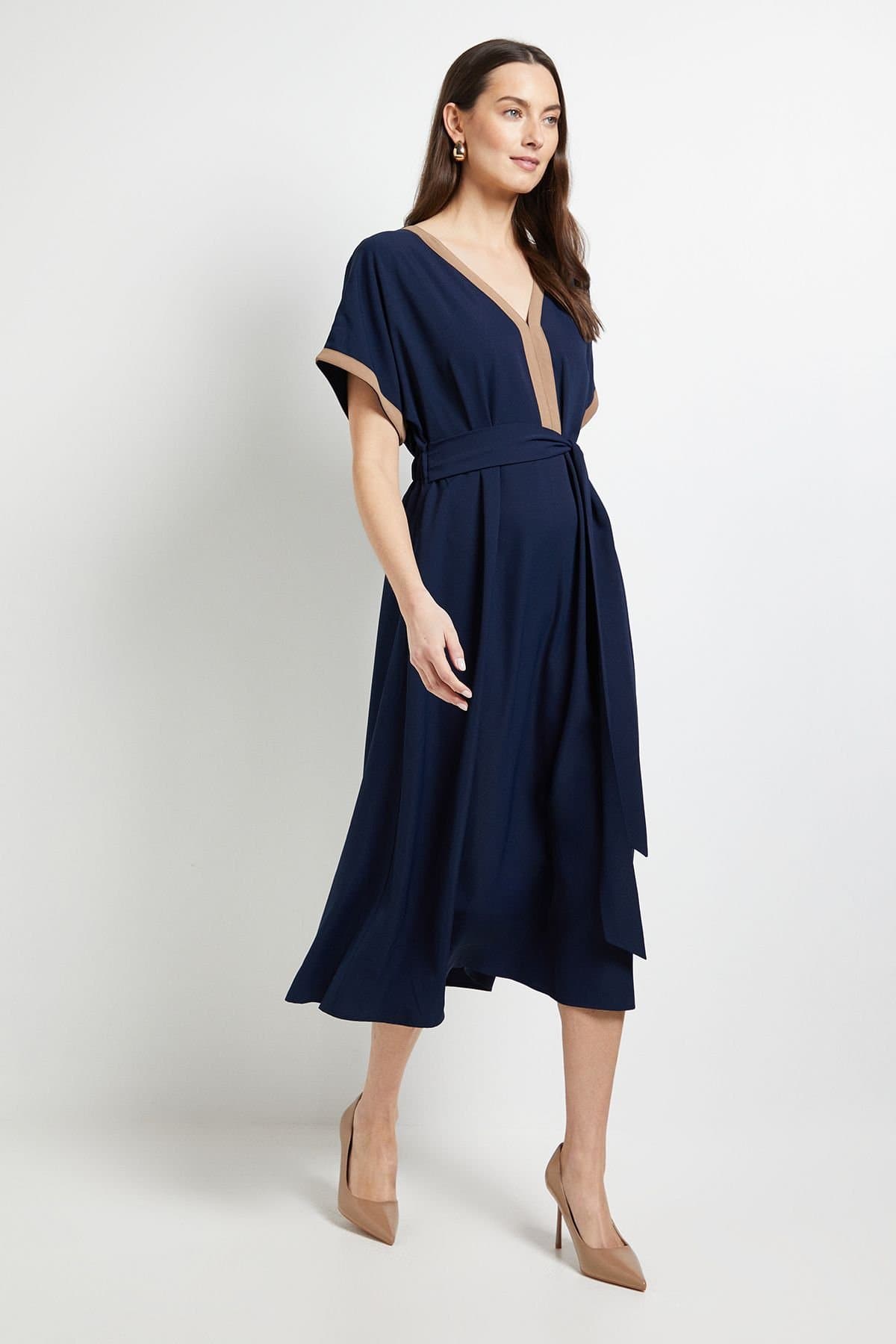 Principles Principles Women's Tailored Contrast Fit & Flare Midi Dress in Navy