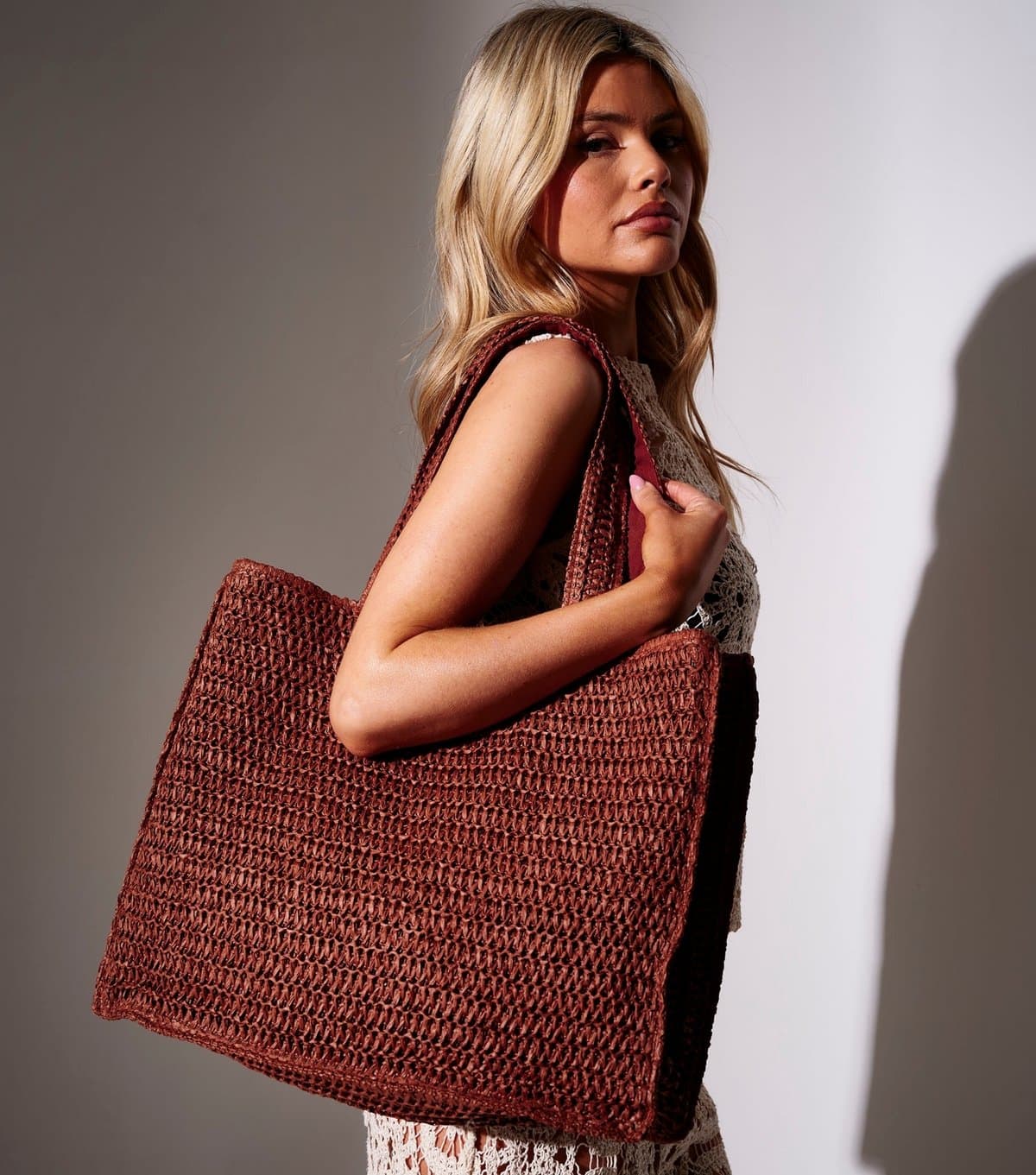 South Beach South Beach Rust Brown Straw Woven Tote Bag