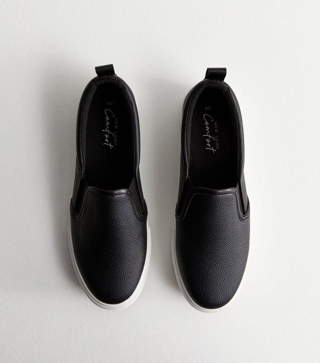 New Look Women's Black Leather-Look Slip On Trainers New Look - 3