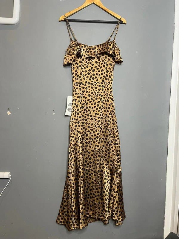 Never Fully Dressed Never Fully Dressed NWT Leopard Print Satin Ruffle Cut Out Maxi Dress UK 8 S