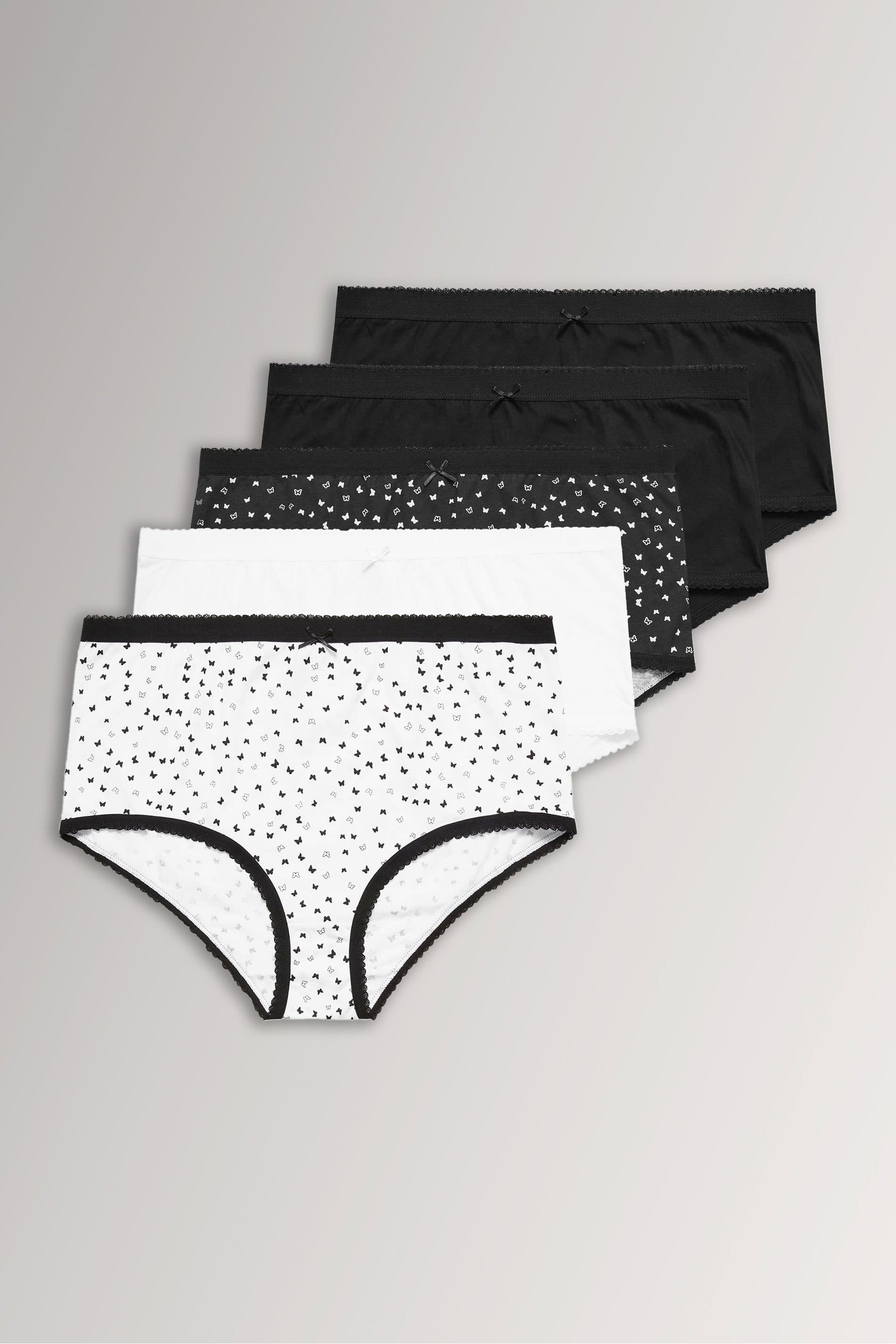 Yours 5 Pack Plus Size Black & White Butterfly Design High Waisted Full Briefs