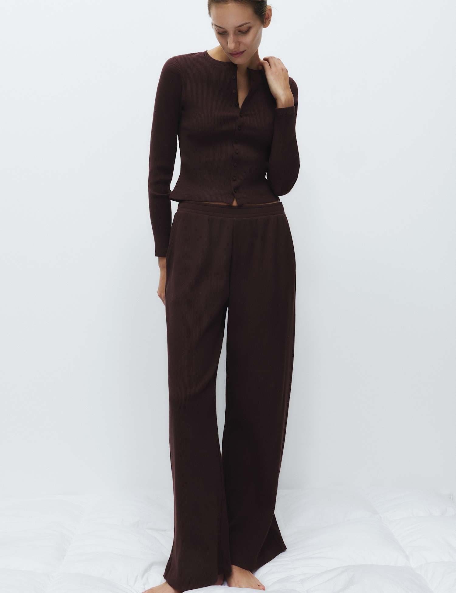 Marks & Spencer M&S Cotton Rich Ribbed Lounge Pyjama Bottoms Dark Brown