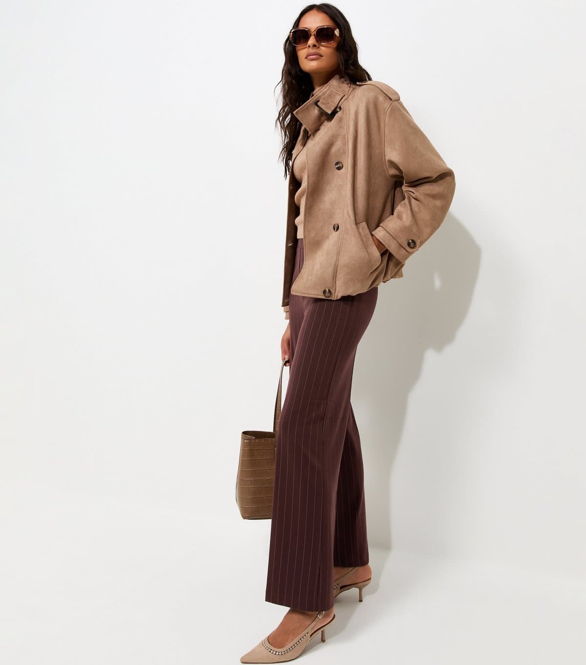 New Look New Look Brown Pinstripe Wide Leg Tailored Trousers