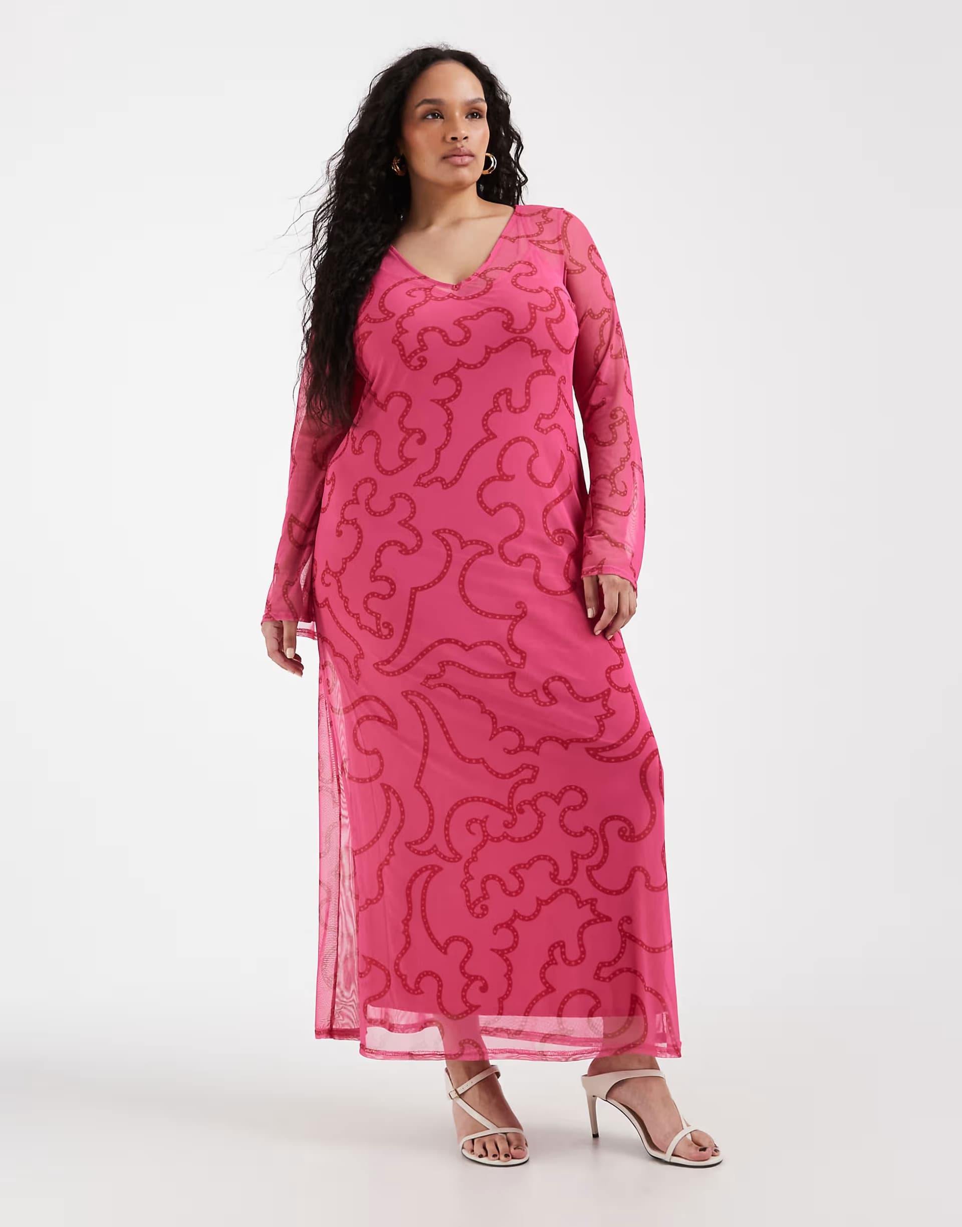 ASOS Never Fully Dressed Curve mesh maxi dress in pink paisley