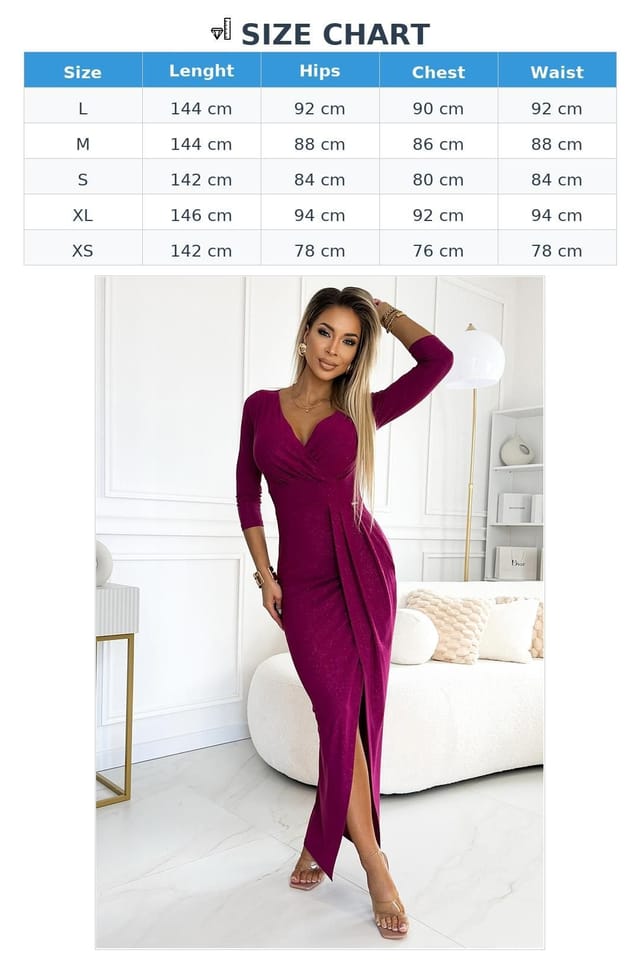 Love Lace Love Lace Women's Glitter Maxi Long Dress Envelope Neck Slit in Magenta - 3