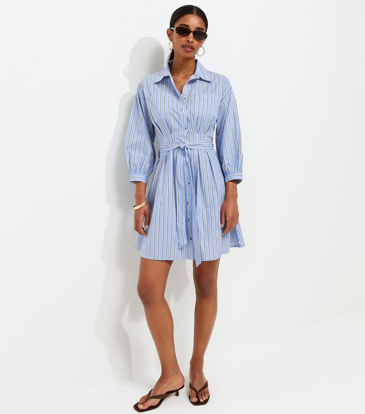 New Look Women's Blue Cotton Striped Puff Sleeve Mini Shirt Dress New Look