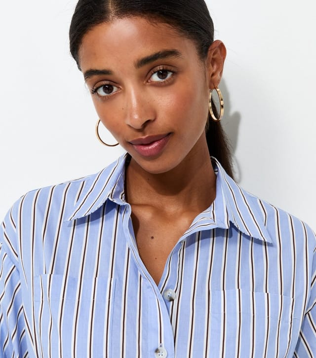 New Look Women's Blue Cotton Striped Puff Sleeve Mini Shirt Dress New Look - 2