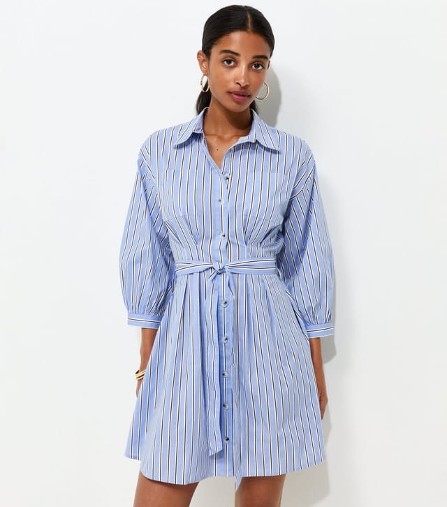 New Look Women's Blue Cotton Striped Puff Sleeve Mini Shirt Dress New Look - 3