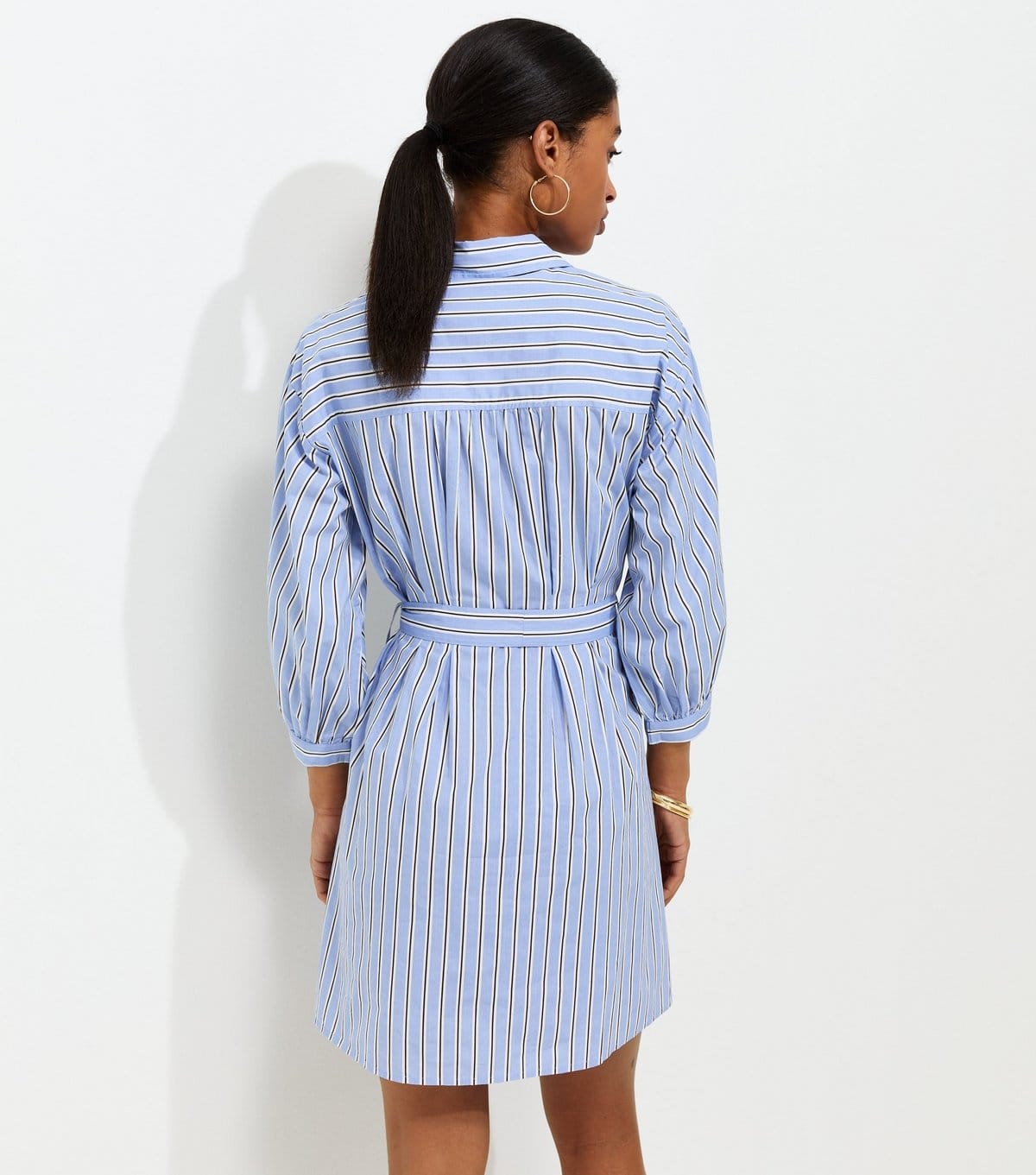 New Look Women's Blue Cotton Striped Puff Sleeve Mini Shirt Dress New Look - 4
