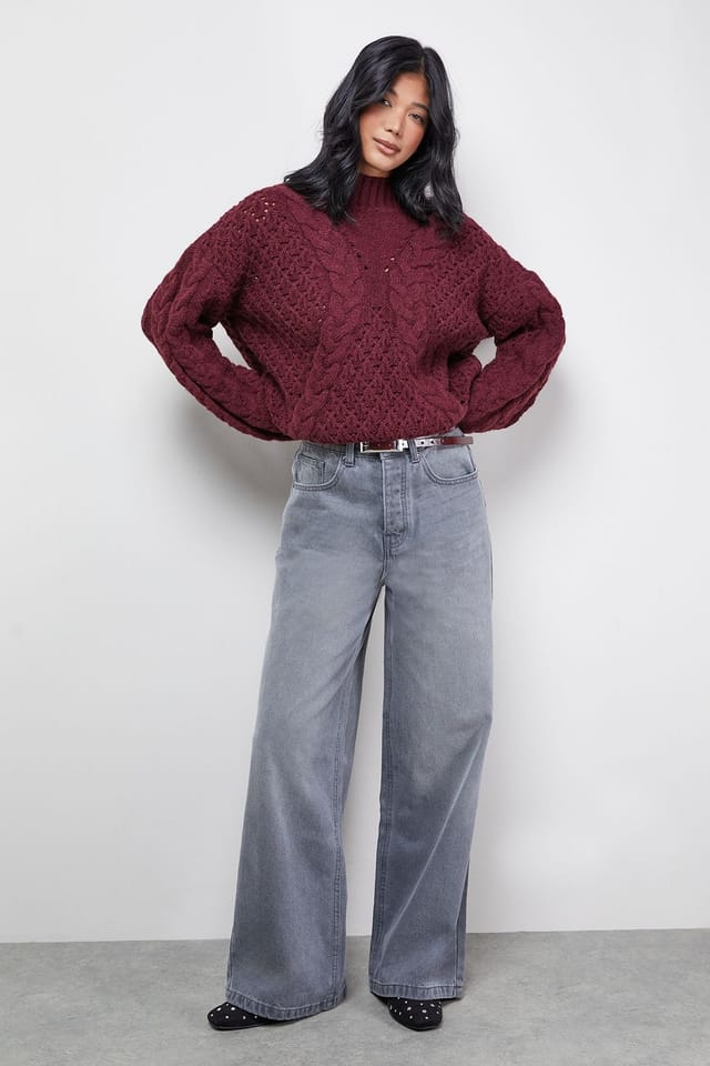 Warehouse Warehouse Women's Chunky Cable Knit Roll Neck Jumper in Dark Red - 2