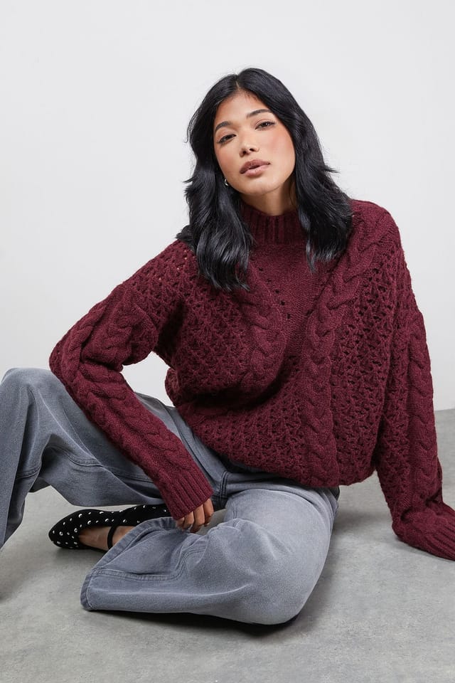 Warehouse Warehouse Women's Chunky Cable Knit Roll Neck Jumper in Dark Red - 3