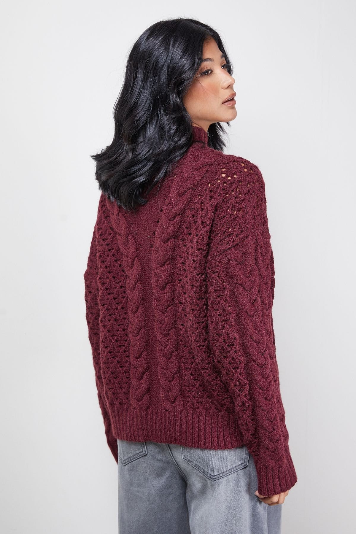 Warehouse Warehouse Women's Chunky Cable Knit Roll Neck Jumper in Dark Red - 4