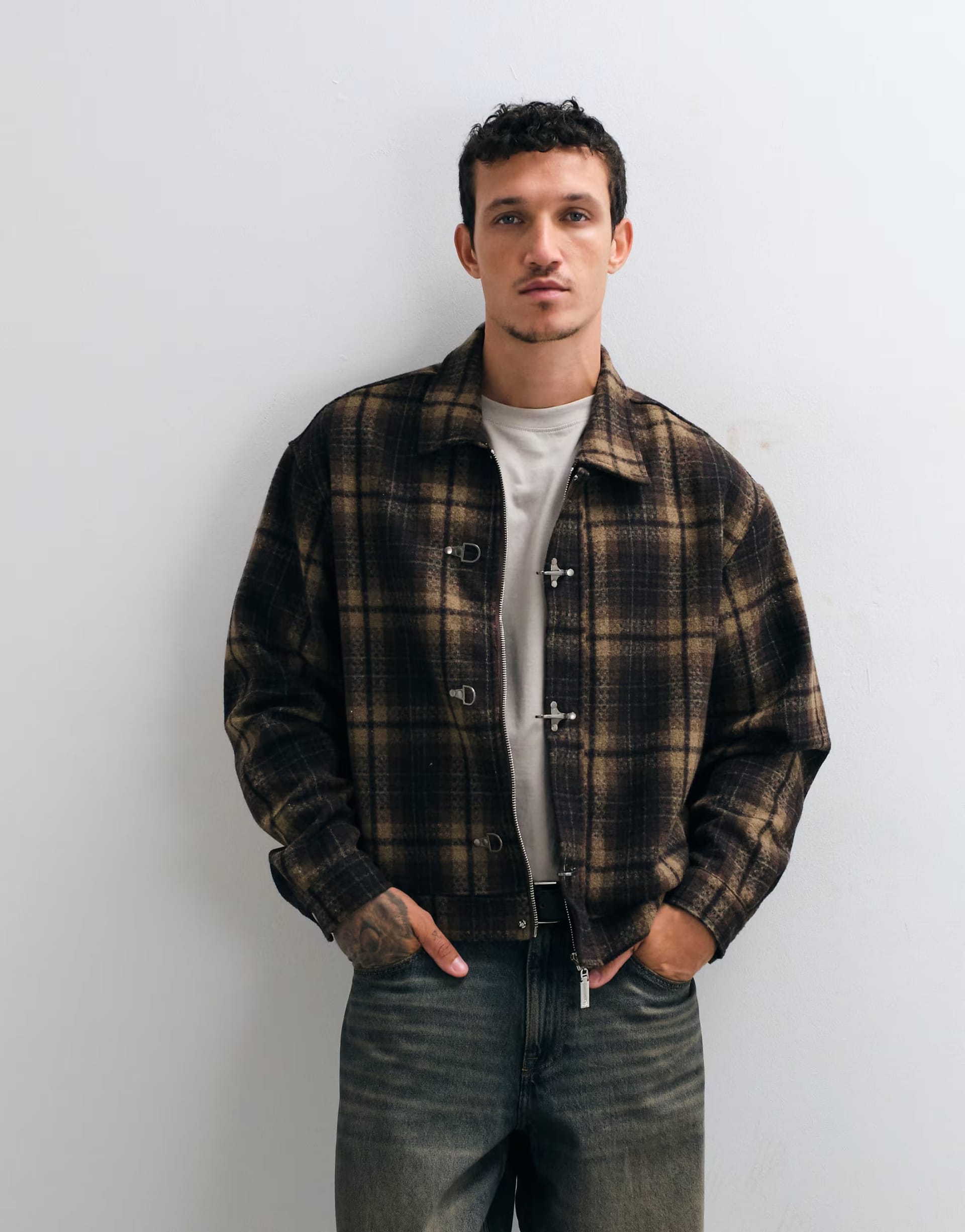 ASOS Multi Plaid Fireman Buckle Detail Long Sleeve Flannel Shirt