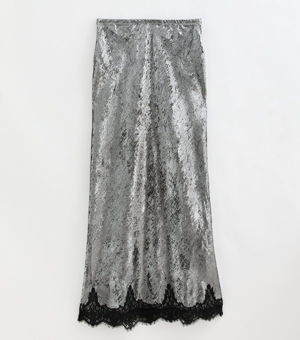 New Look Women's Tall Silver Foil Finish Lace Trim Midi Skirt New Look