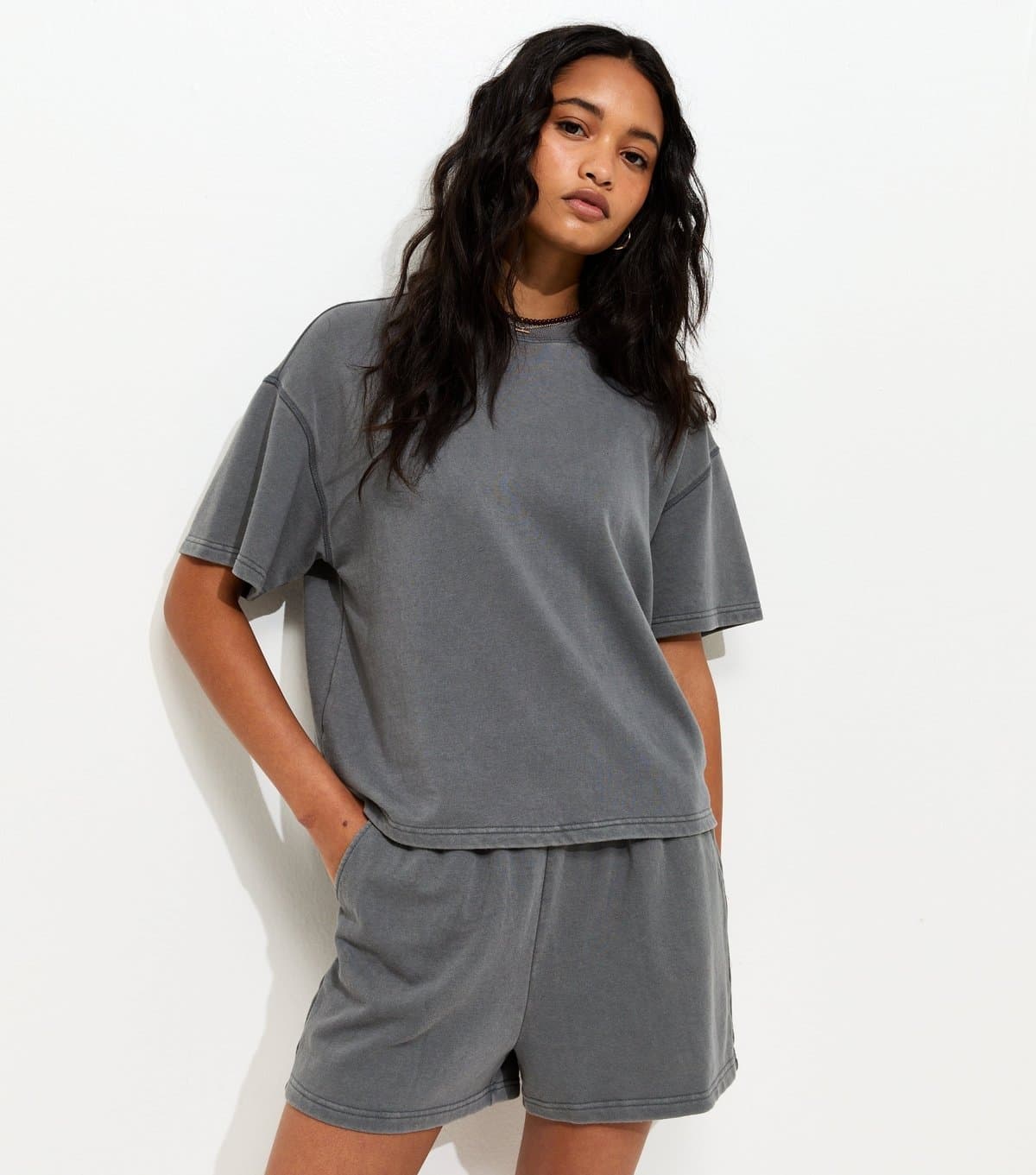 New Look Women's Dark Grey Acid Wash Sweat T-Shirt New Look