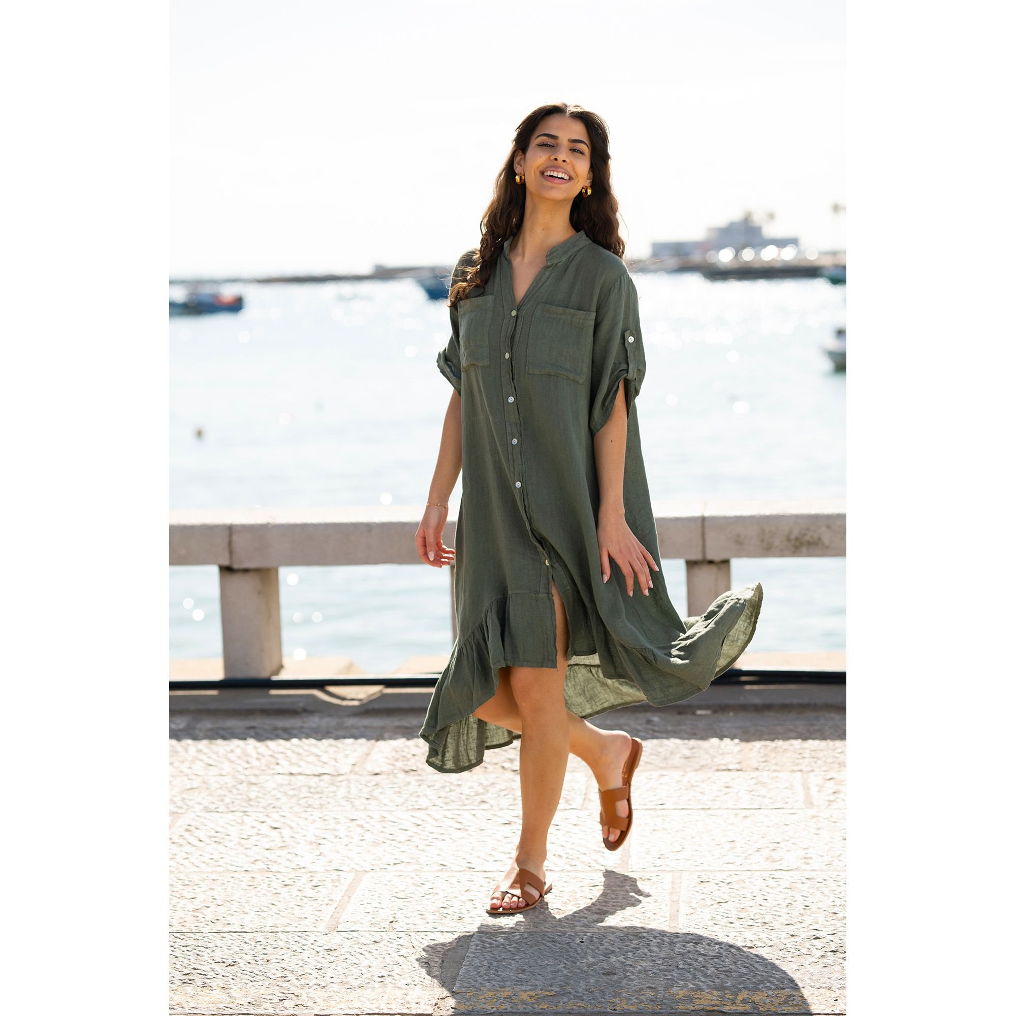 Yumi Yumi Women's Khaki Italian Linen Shirt Dress With Frill Hem - 2