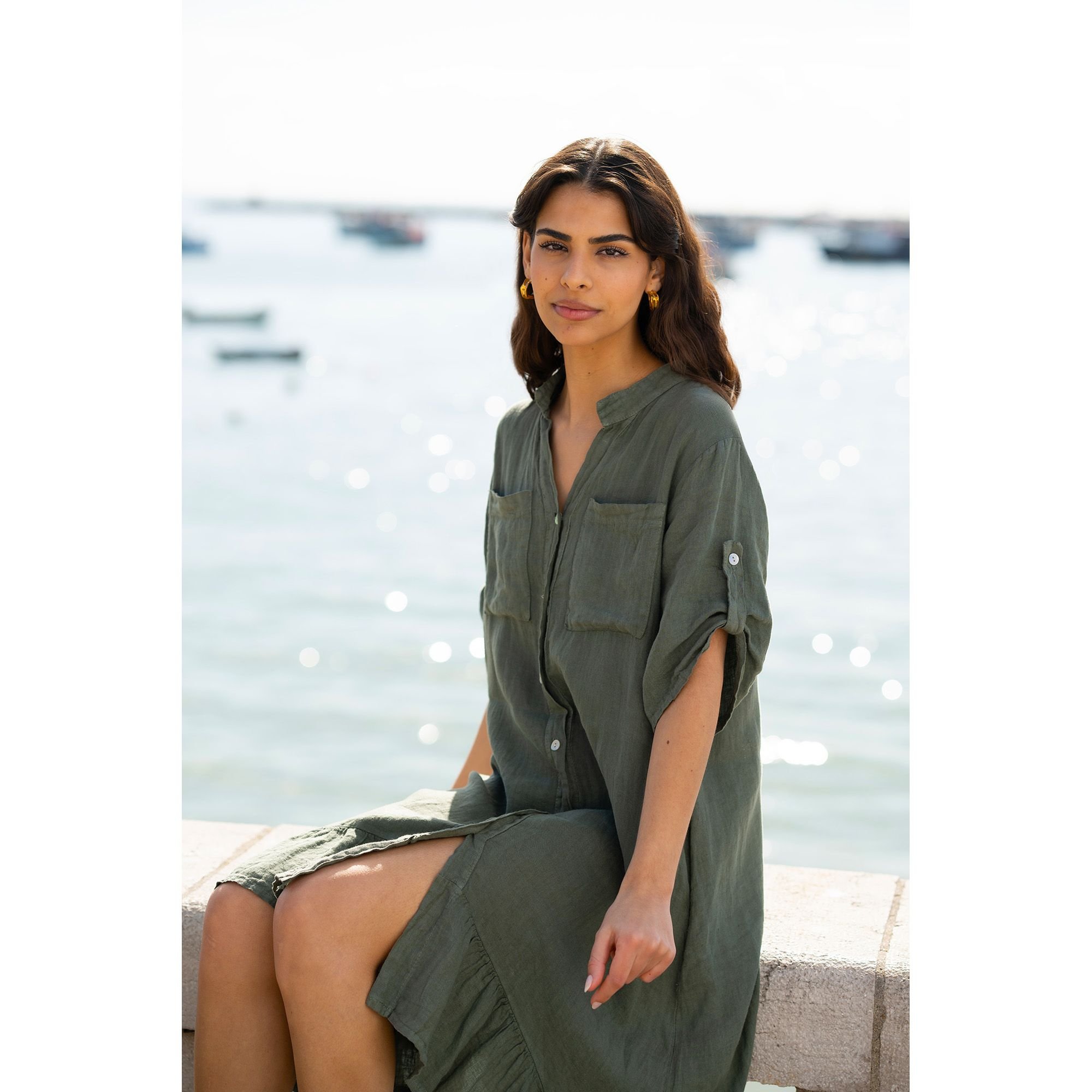 Yumi Yumi Women's Khaki Italian Linen Shirt Dress With Frill Hem - 3