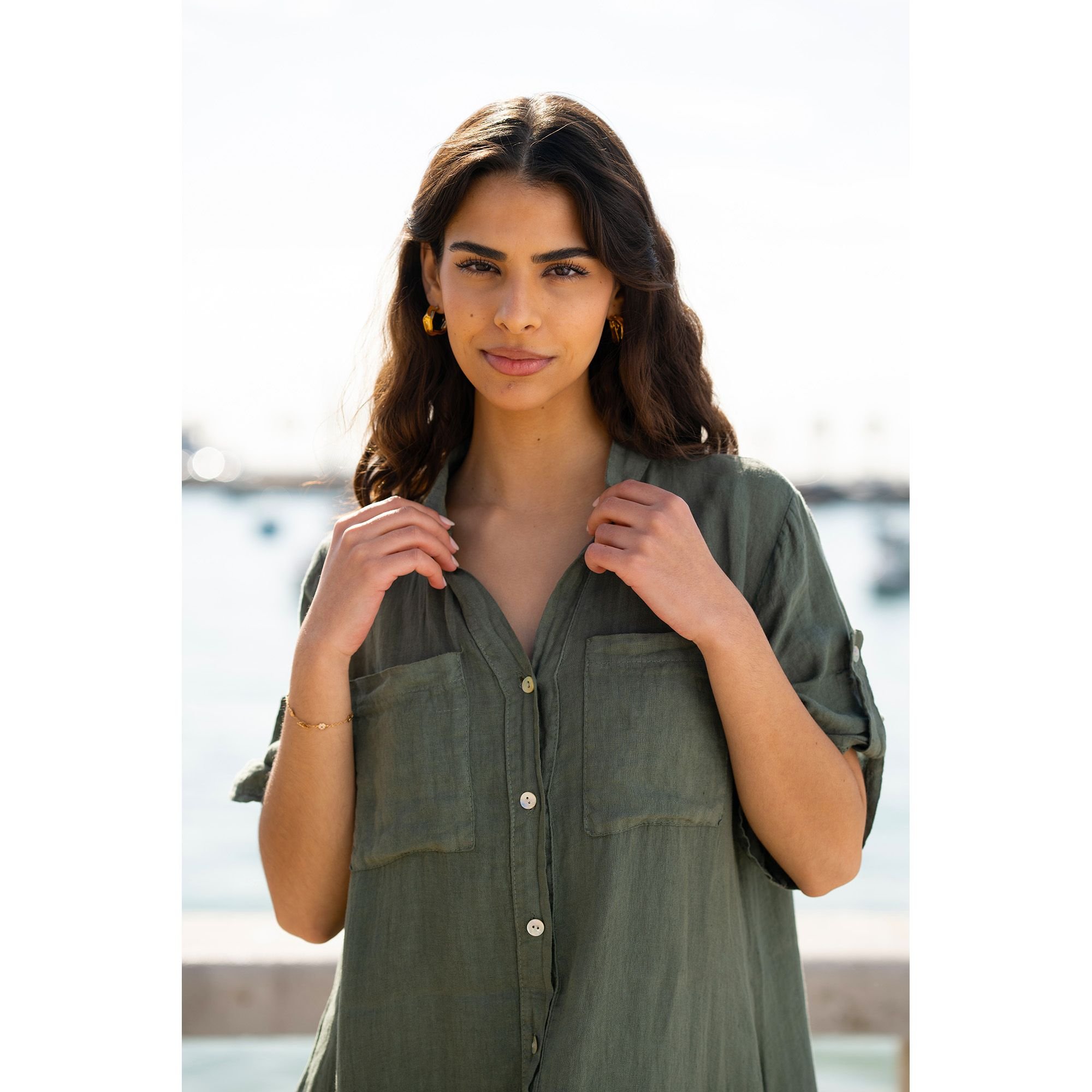 Yumi Yumi Women's Khaki Italian Linen Shirt Dress With Frill Hem - 4