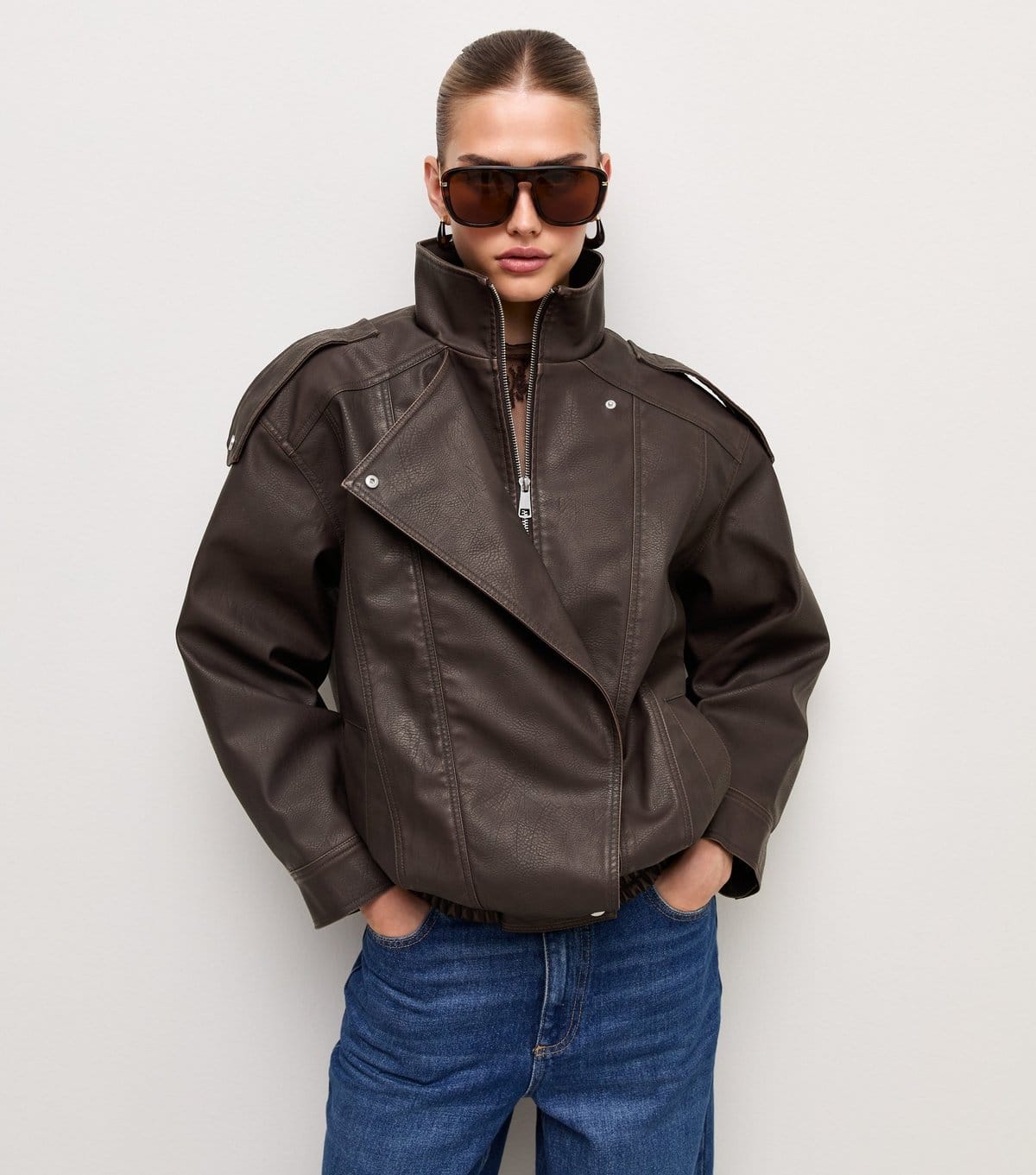 New Look Women's Dark Brown Placket Detail Faux Leather Oversized Funnel Neck Jacket New Look - 1
