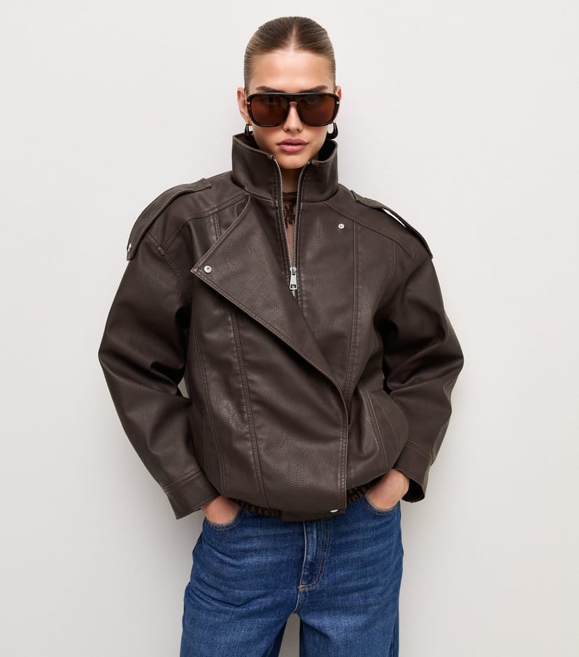 New Look Women's Dark Brown Placket Detail Faux Leather Oversized Funnel Neck Jacket New Look - 1