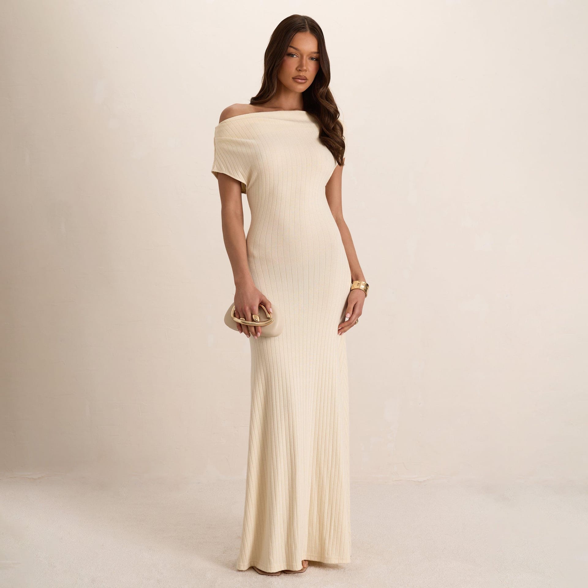 EGO Cream Ribbed Off-Shoulder Maxi Dress
