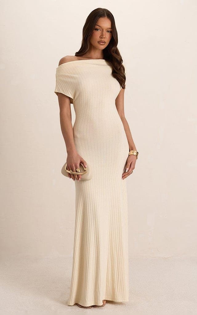 EGO Off The Shoulder Slouchy Maxi Dress In Cream Soft Ribbed, Women's Size UK L - 2