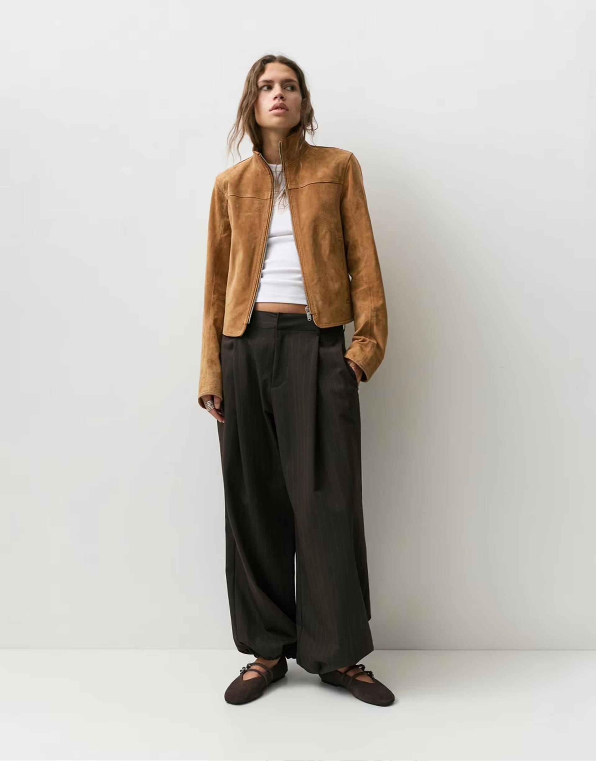 Pull&Bear Brown Striped Barrel Trousers with Darts