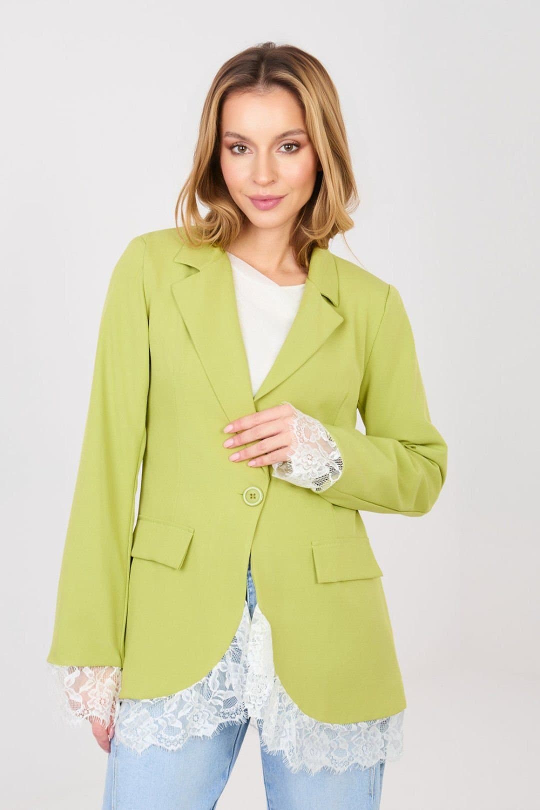 Love Lace Love Lace Women's Tailored Lace Trim Blazer with Shoulder Pads in Green
