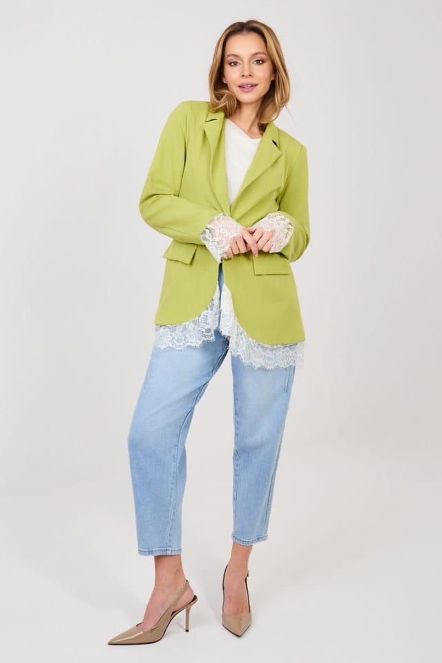 Love Lace Love Lace Women's Tailored Lace Trim Blazer with Shoulder Pads in Green - 2