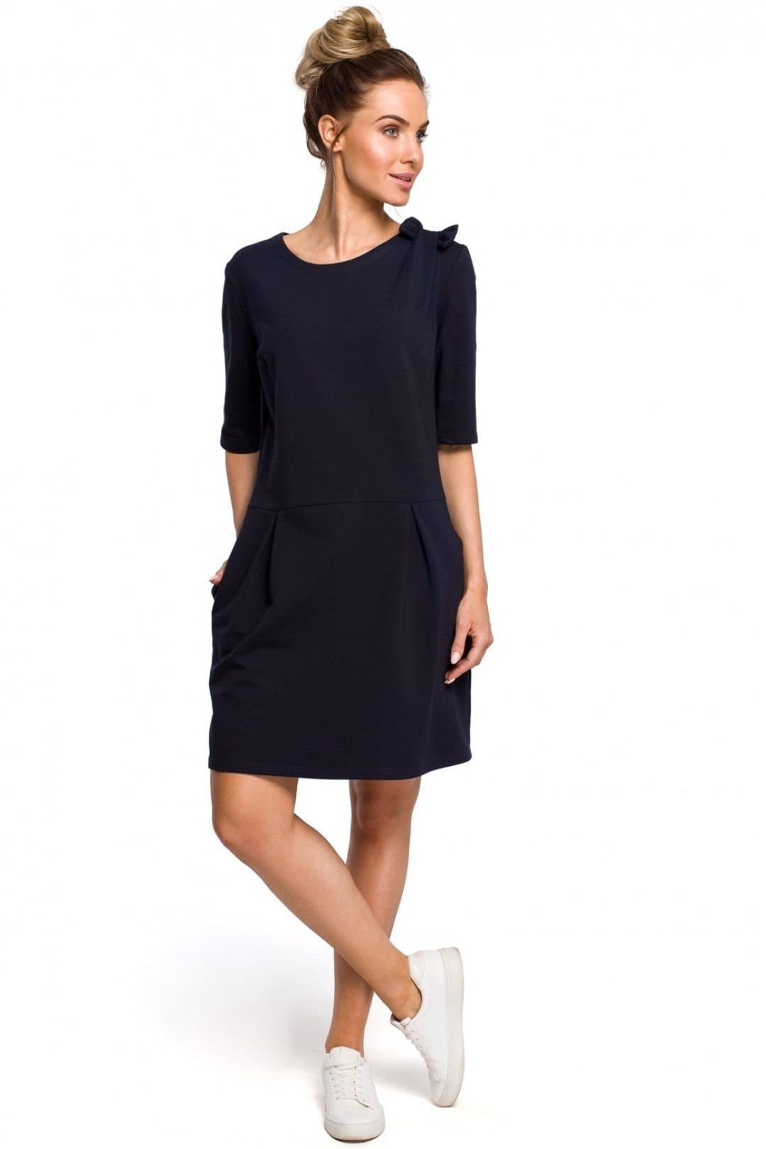 Love Lace Love Lace Women's Knitted Mini Dress with Shoulder Bow Pleats in Navy