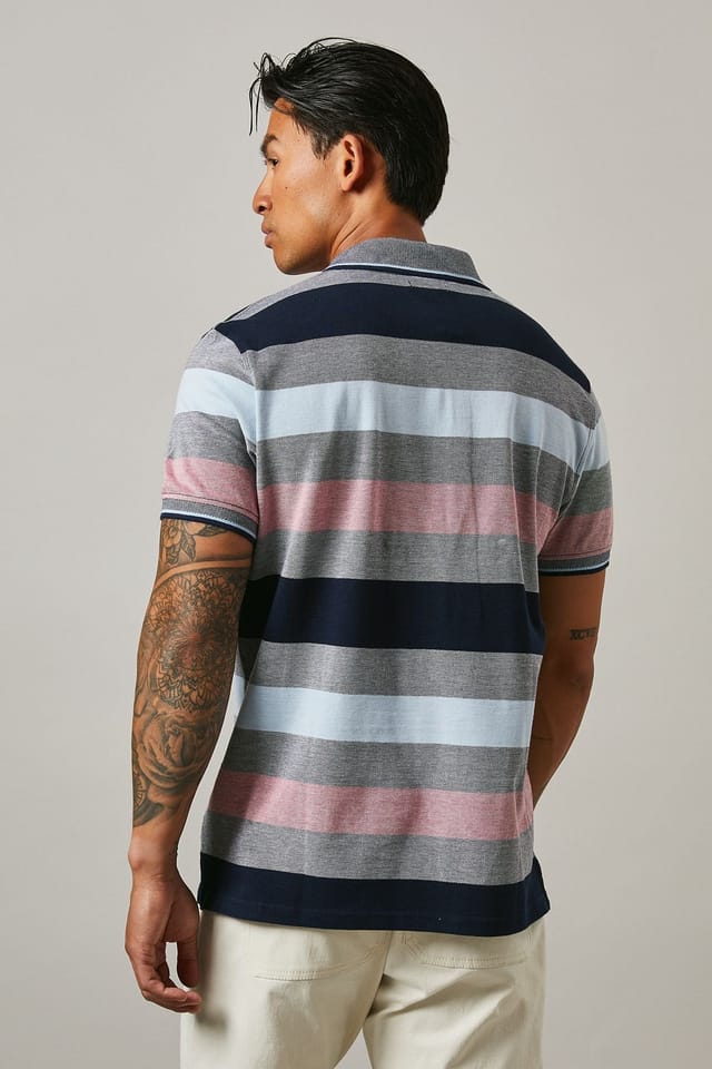 Maine Maine Men's Barbados Stripe Polo Shirt in Rose - 3