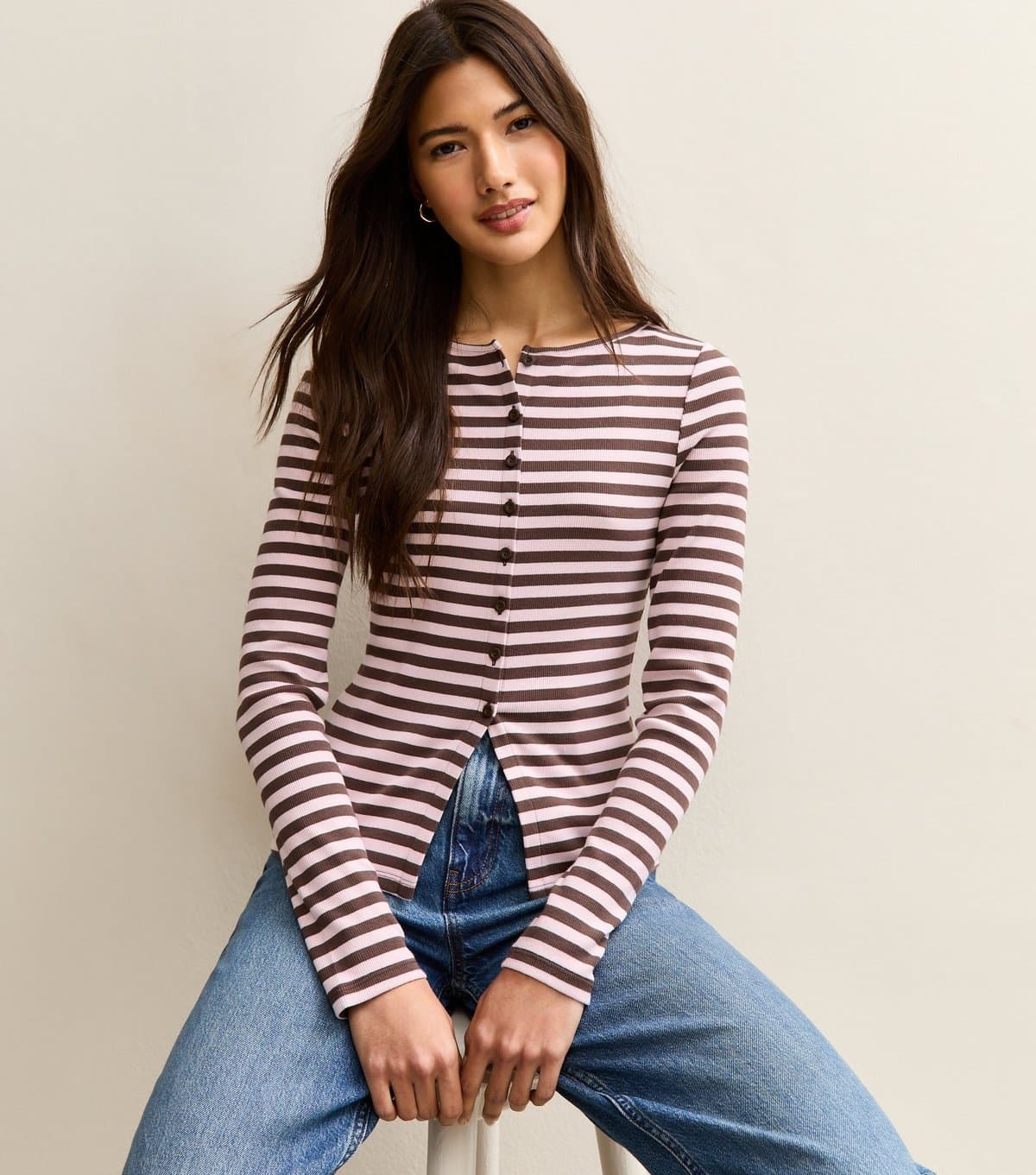 New Look Women's Pink Striped Crew Neck Cardigan New Look