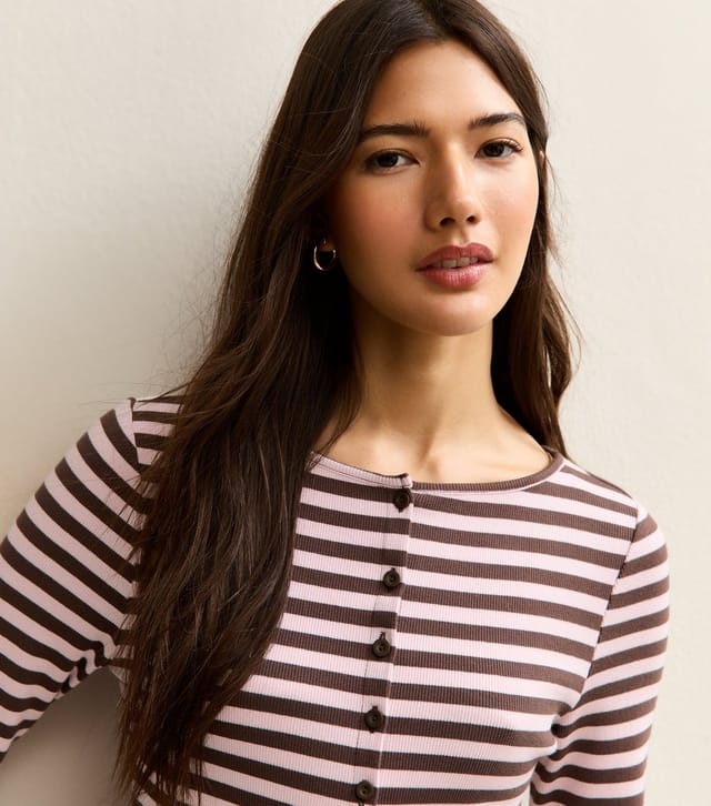 New Look Women's Pink Striped Crew Neck Cardigan New Look - 2