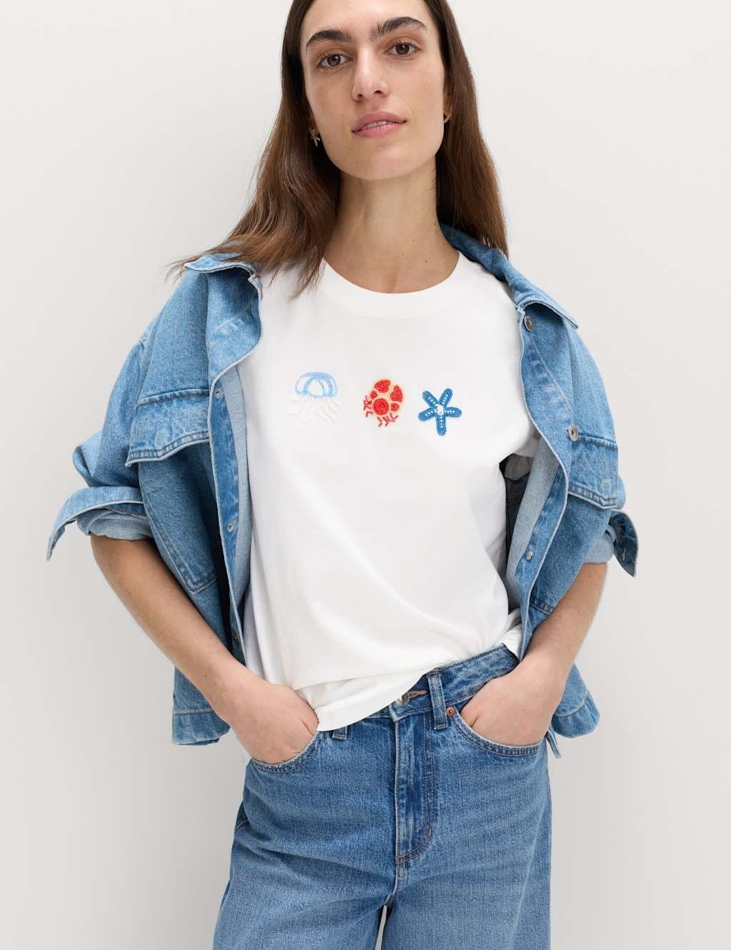 Marks & Spencer M&S Multi Embroidered Cotton T-Shirt