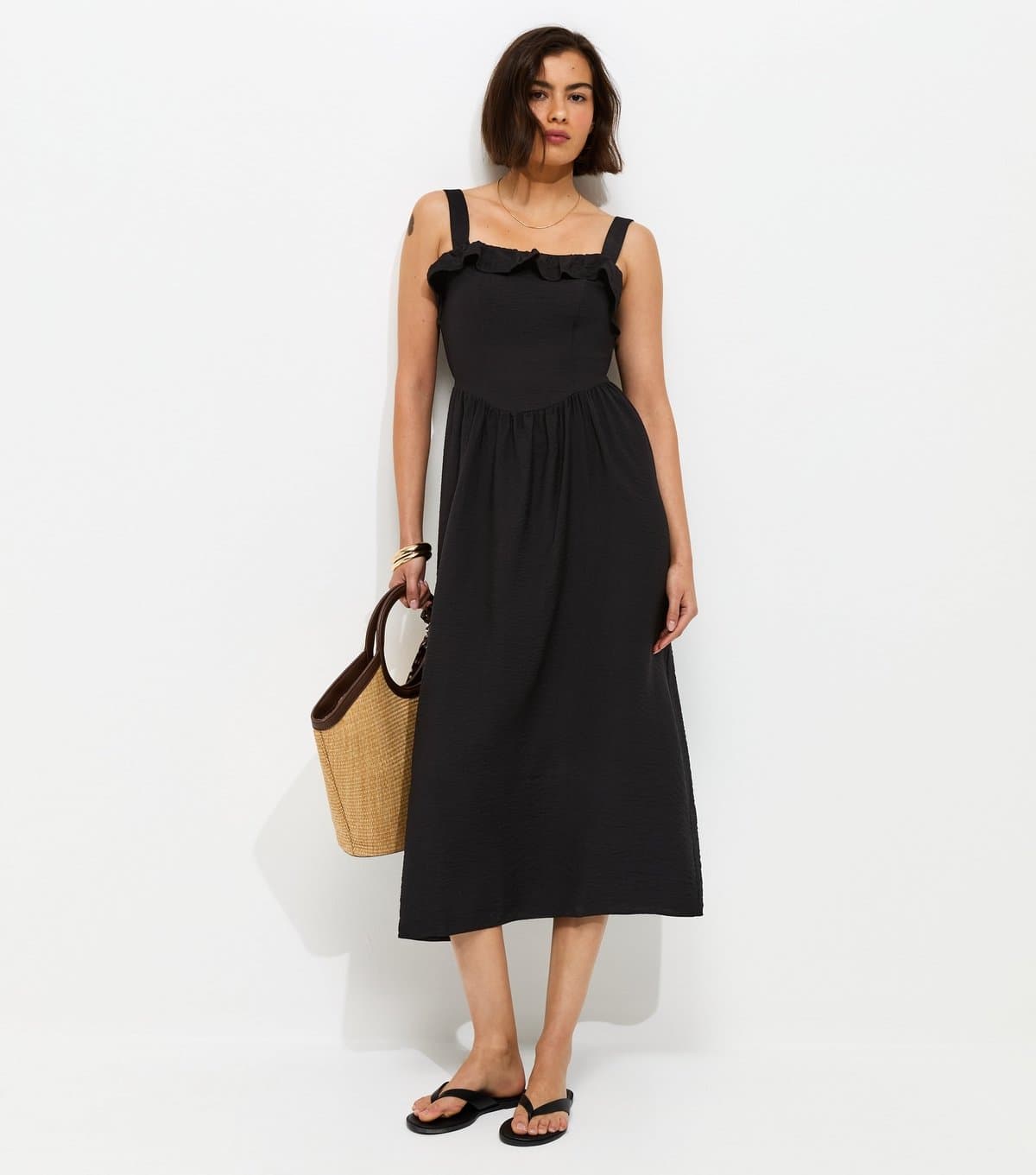 New Look Women's Black Square Neck Frilly Trim Midi Dress New Look