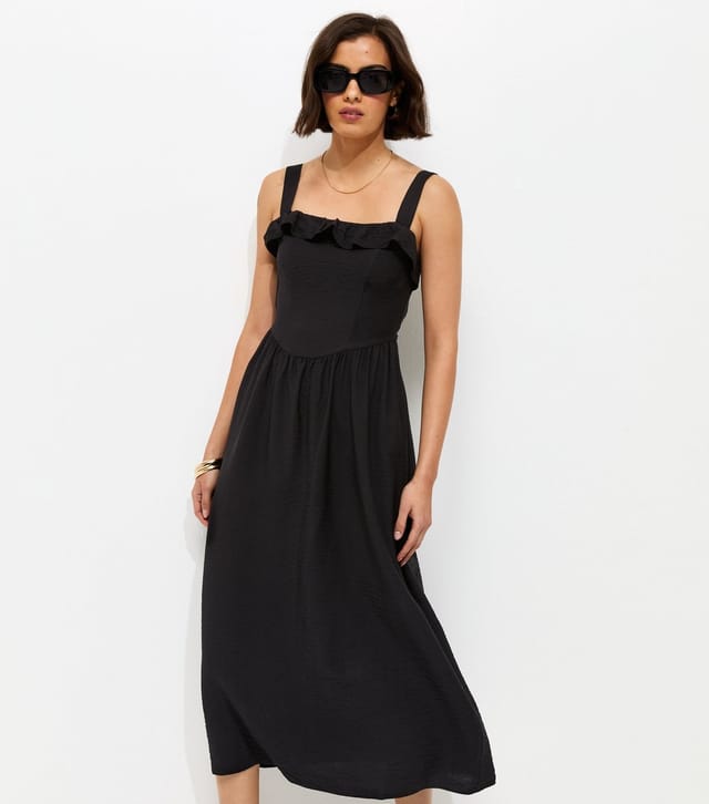 New Look Women's Black Square Neck Frilly Trim Midi Dress New Look - 3