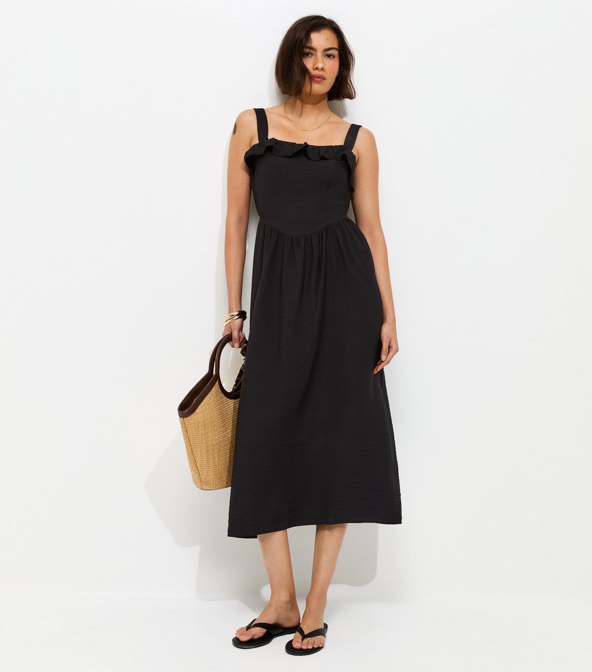 New Look Women's Black Square Neck Frilly Trim Midi Dress New Look - 4