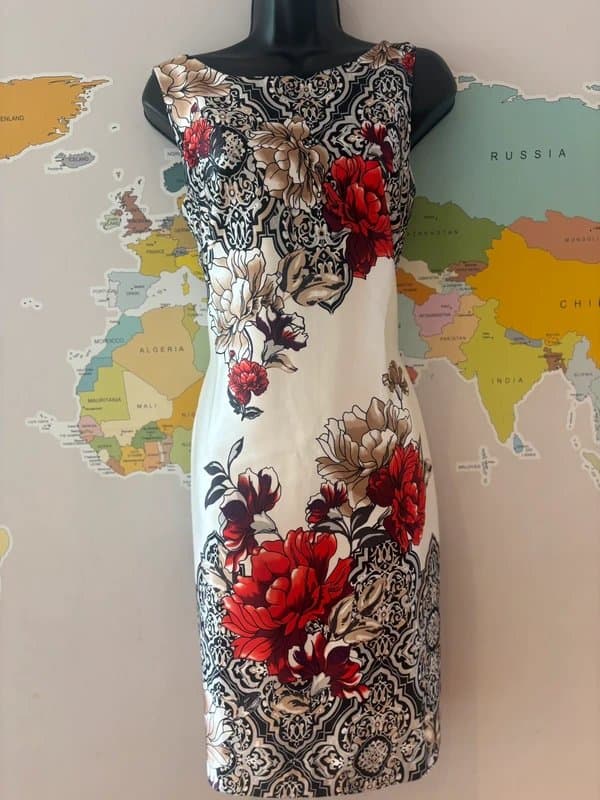 ROMAN Roman Floral Print Shift Midi Dress UK 10 Red Rose Baroque Occasion Wedding Guest Summer