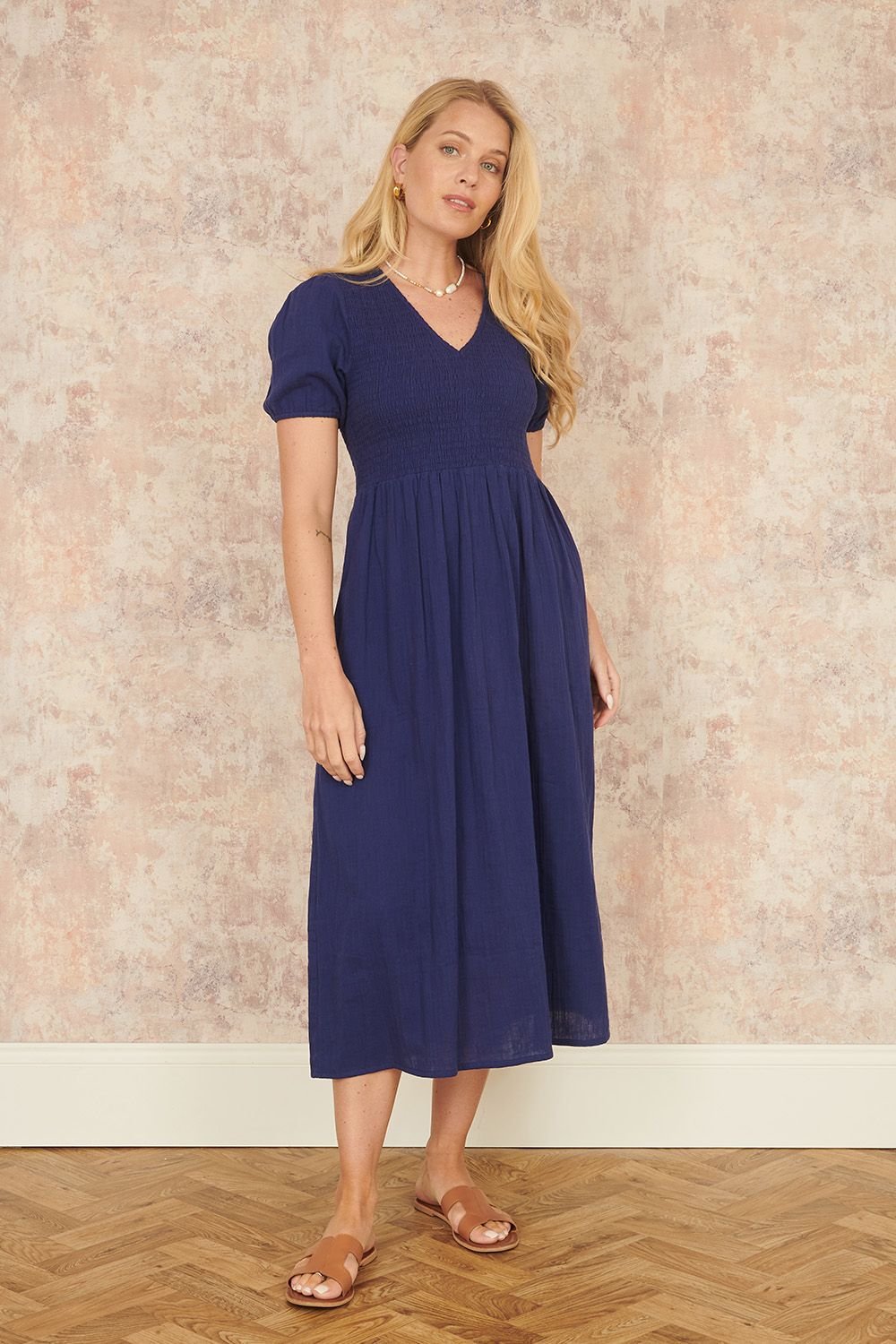 Yumi Yumi Women's Navy Double Cotton Ruched Midi Dress - 2