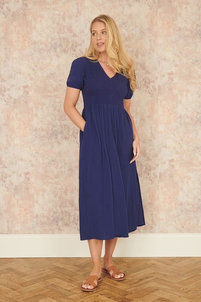 Yumi Yumi Women's Navy Double Cotton Ruched Midi Dress - 3
