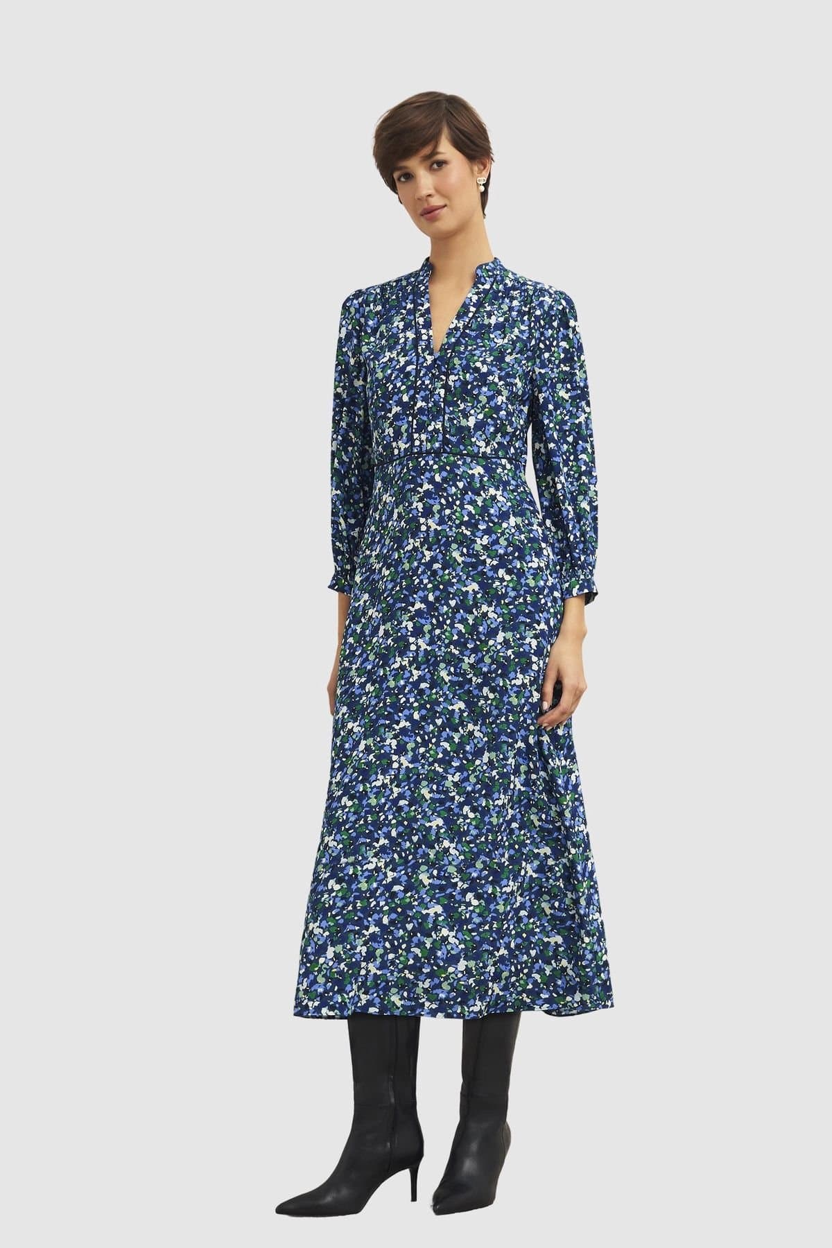 Hobbs London Hobbs London Women's Iris Long Sleeve V-Neck Midi Dress in Dark Blue