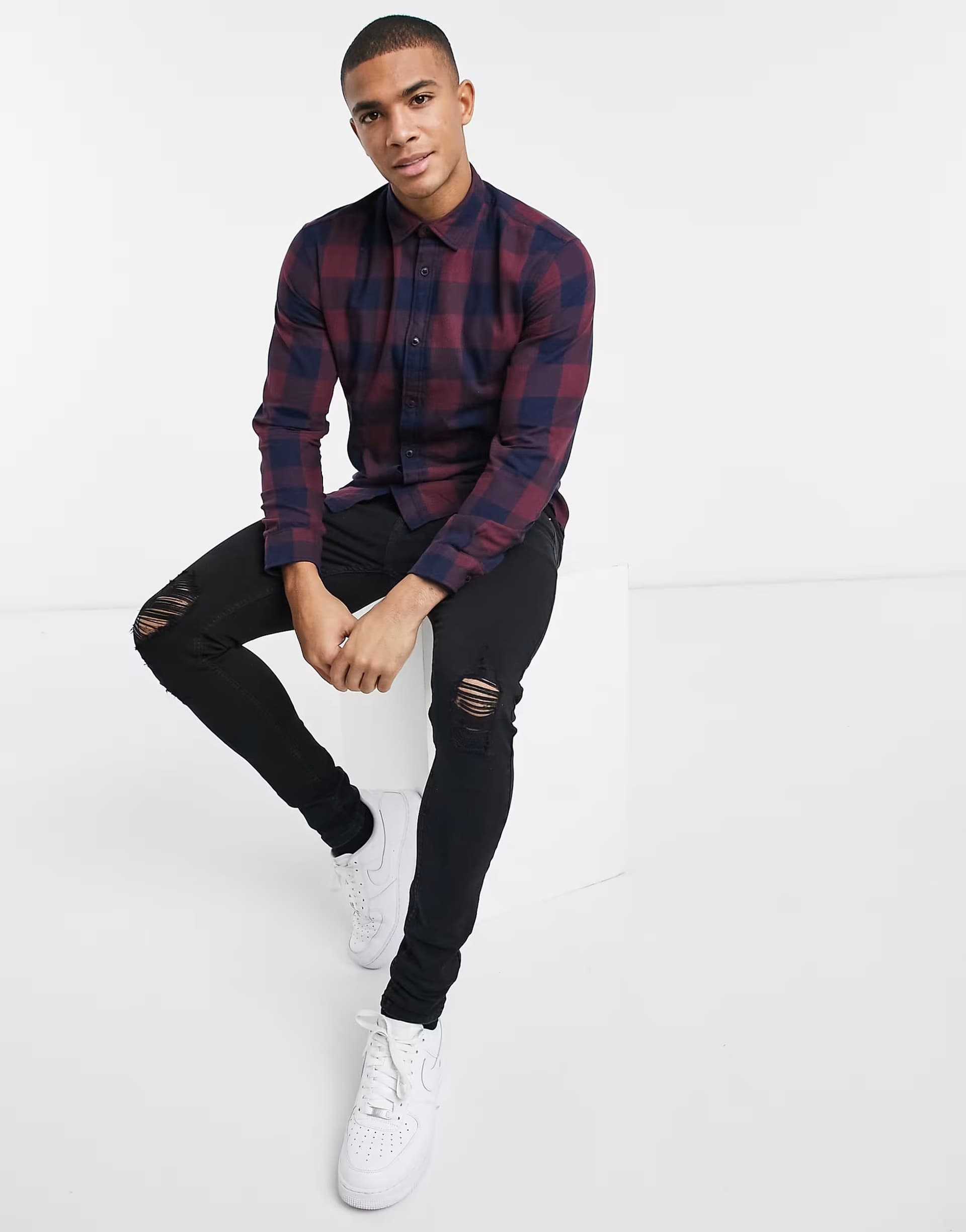 ASOS Jack & Jones Essentials buffalo check shirt in burgundy