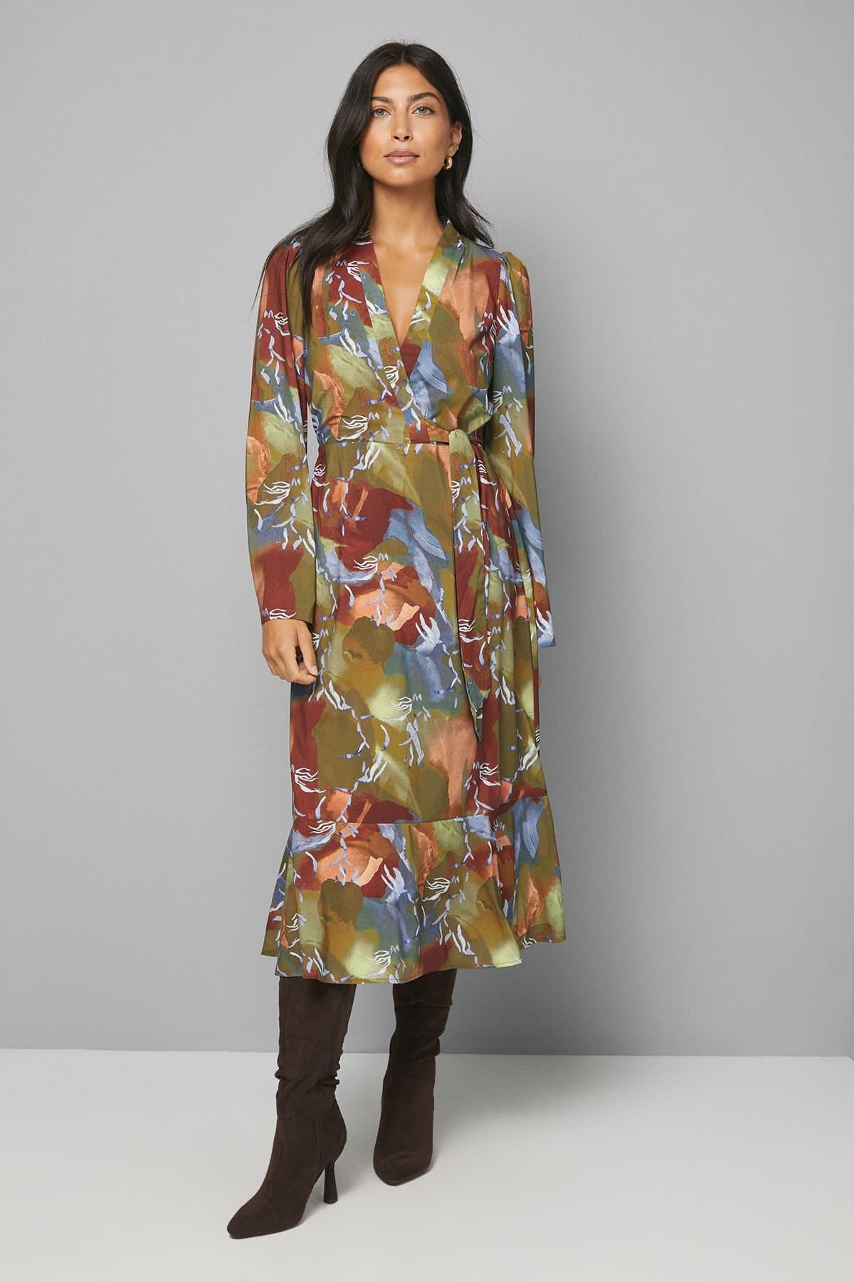Wallis Wallis Women's Abstract Print Wrap Midi Dress in Rust