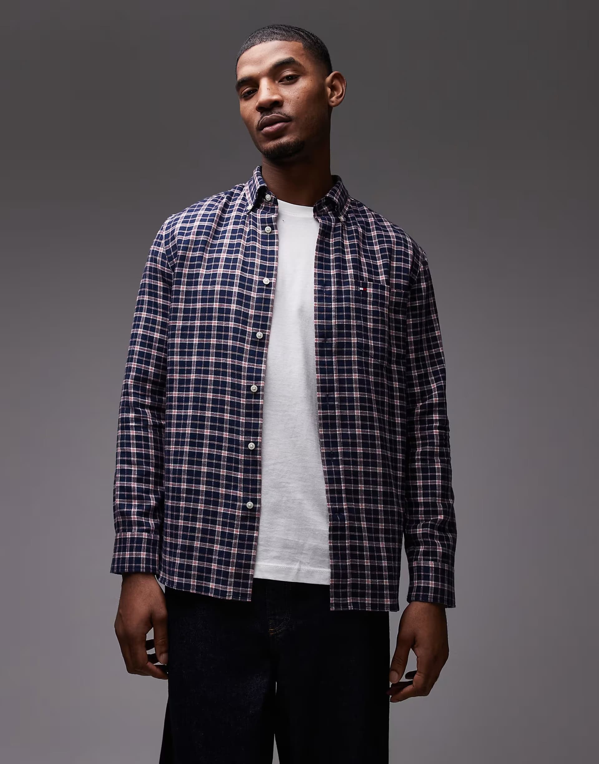 ASOS Tommy Hilfiger brushed linen medium check shirt in navy