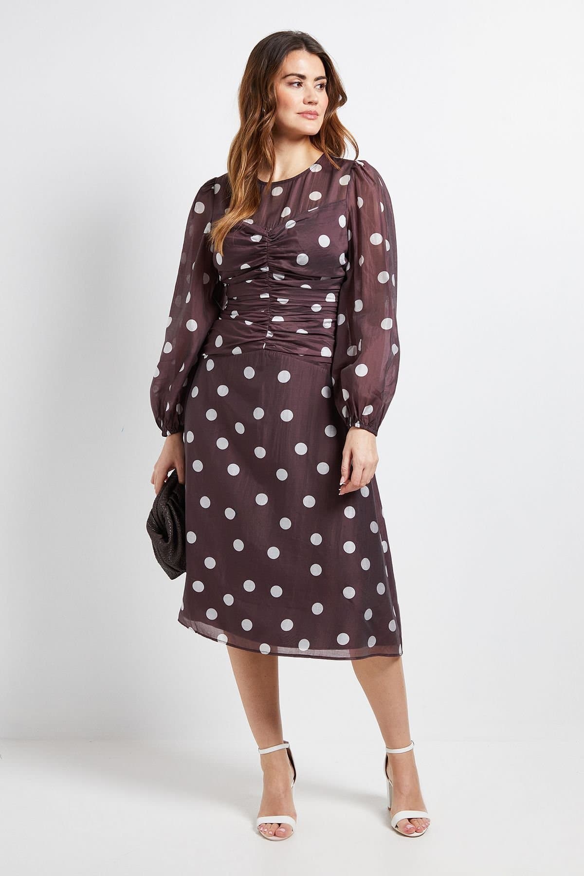 Wallis Wallis Women's Polka Dot Ruched Midi Dress in Chocolate