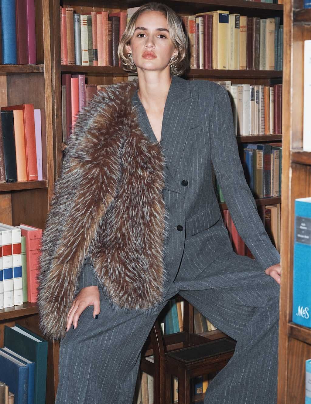 Marks & Spencer M&S Pinstripe Double Breasted Blazer with Wool Grey Mix
