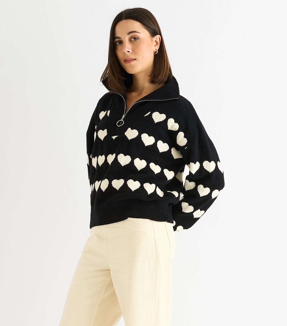 Gini London Women's Black Heart Pattern Zip Up Loose Fit Knitted Jumper Gini London New Look - 2