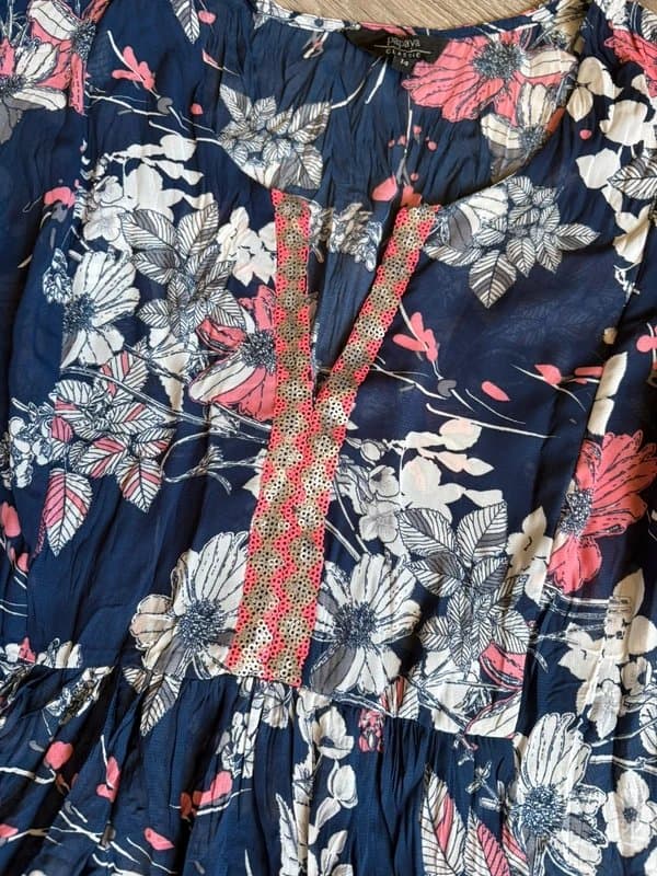Papaya Weekend Papaya Classic Floral Boho Tunic Dress Navy Pink Size 14 Sequinned Chiffon Smock