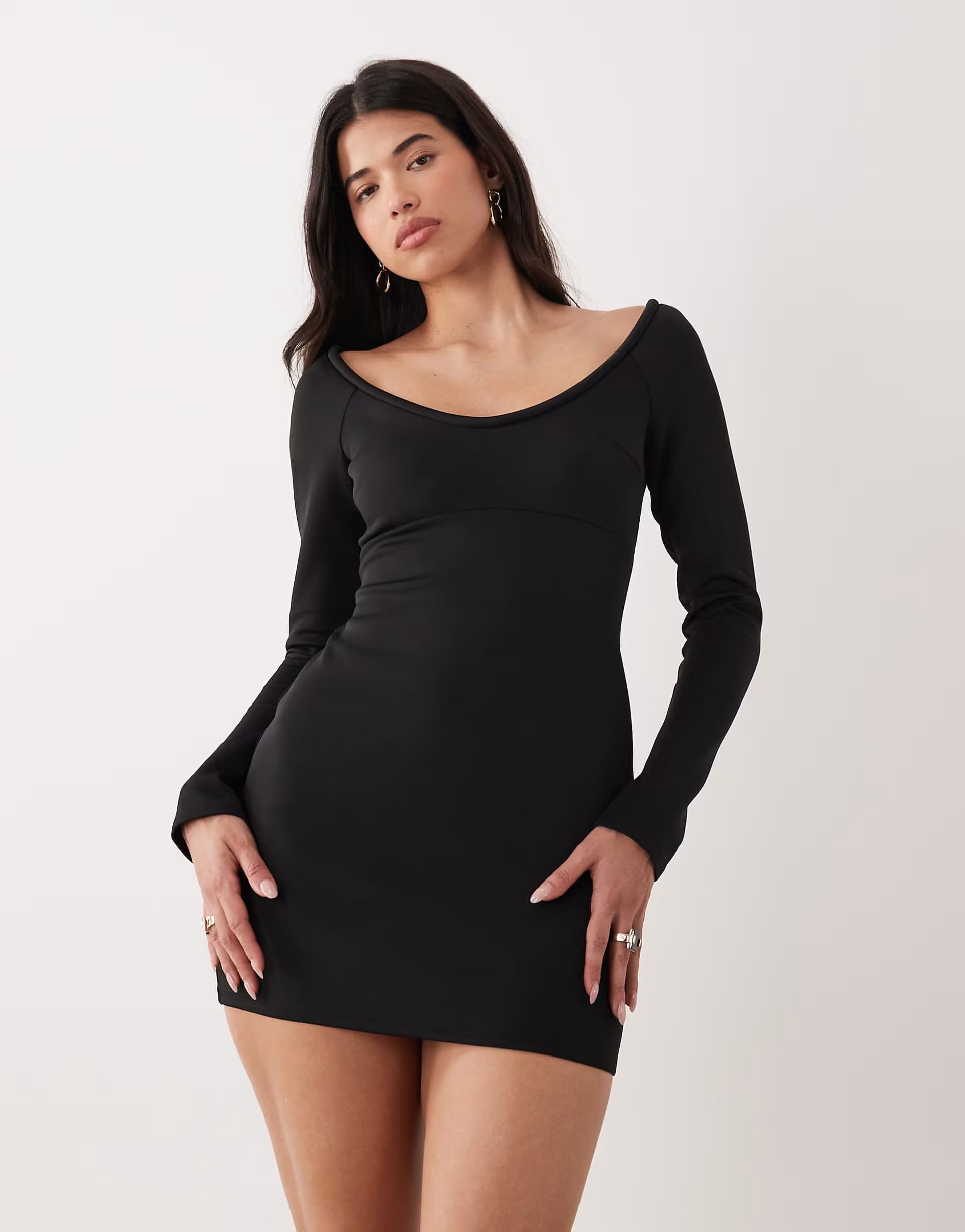 ASOS ASOS DESIGN shoulder grazer long sleeve scoop neck mini dress in black scuba-style fabric