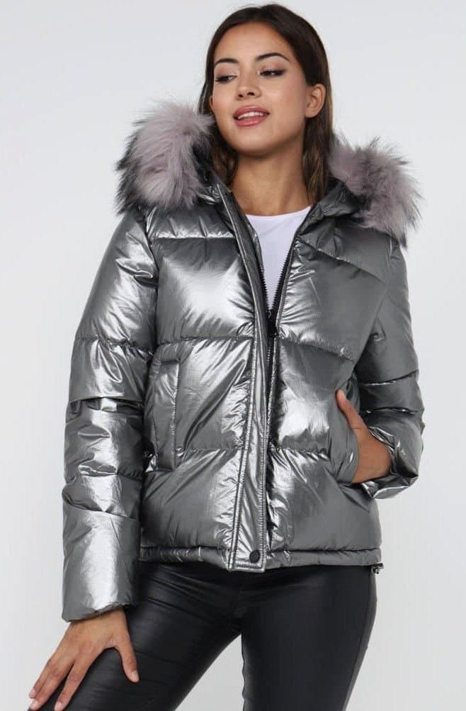 Love Sunshine Love Sunshine Women's Metalic Puffer Jacket with Faux Fur on Hood in Grey